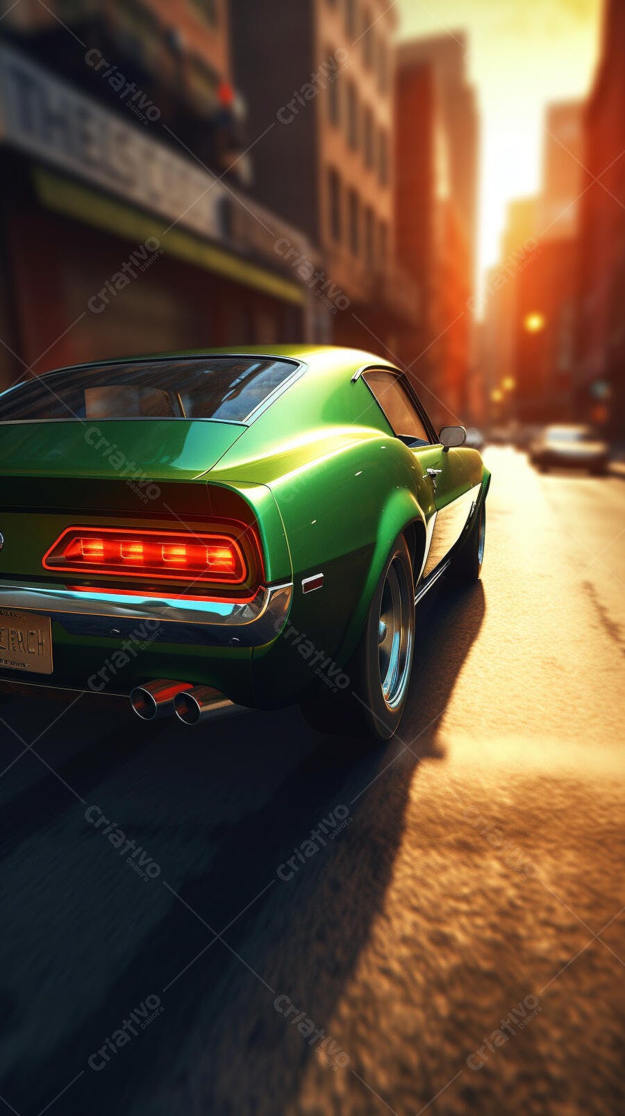 Muscle Car Verde em Rua da Cidade ao Pôr do Sol