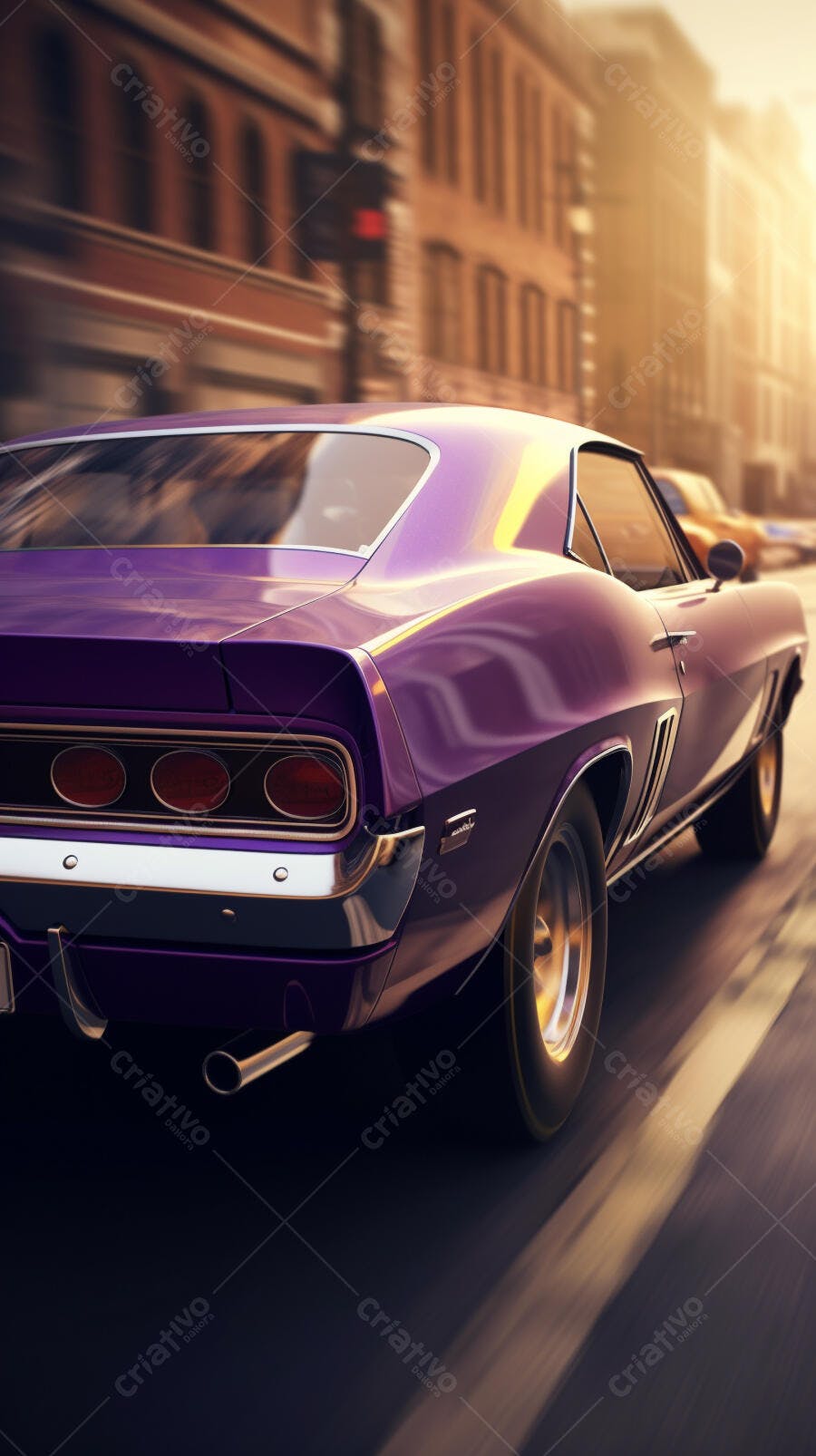 Muscle Car Roxo em Movimento na Cidade