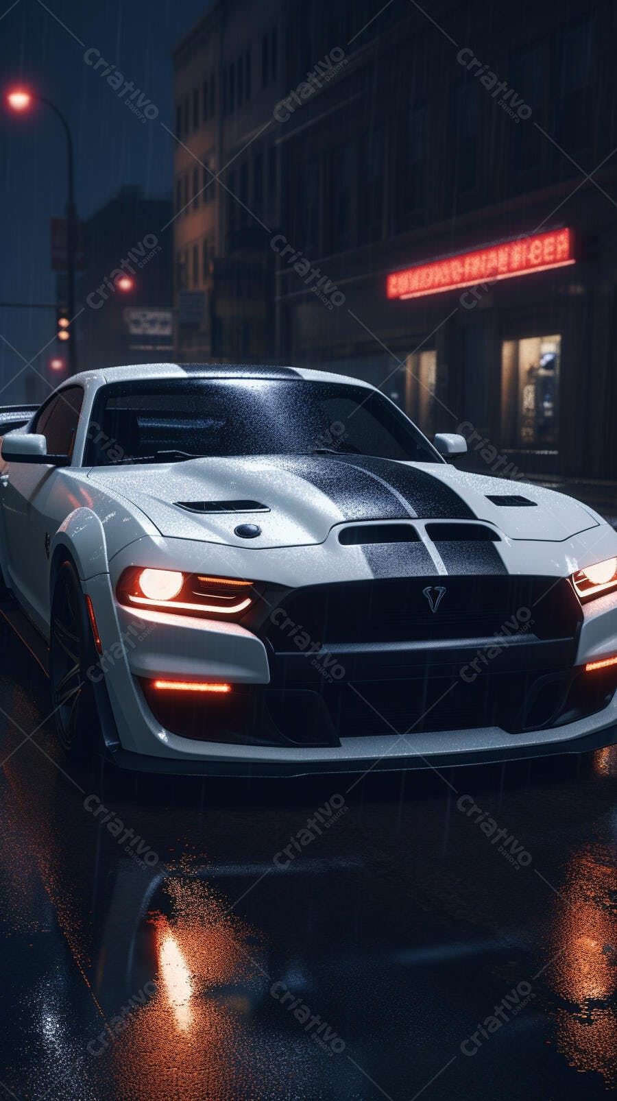 Muscle Car Branco na Chuva Noturna