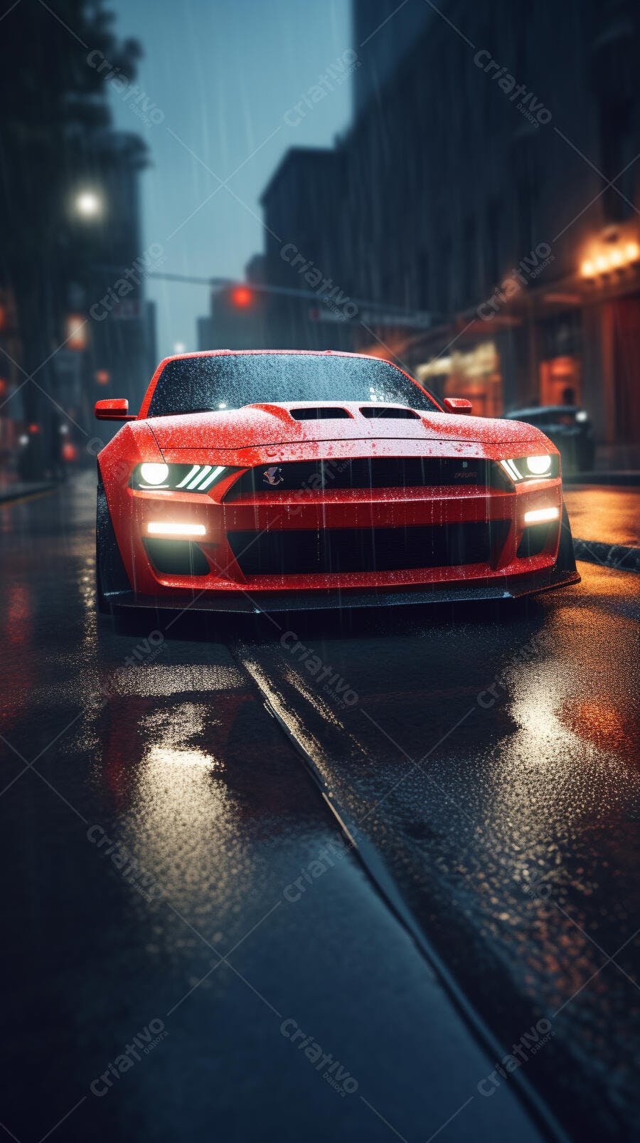 Mustang vermelho na chuva noturna