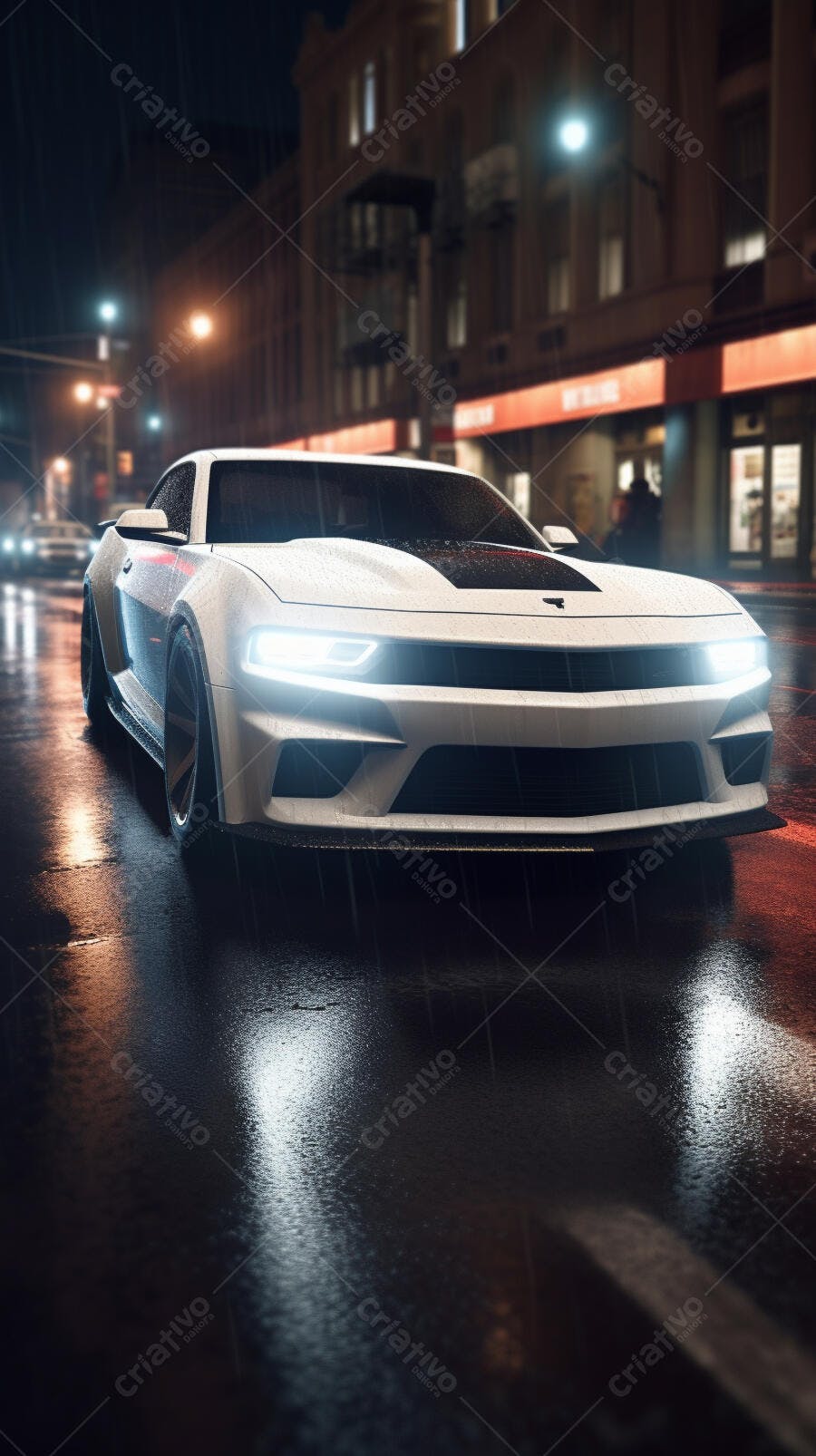 Carro esportivo branco na chuva noturna