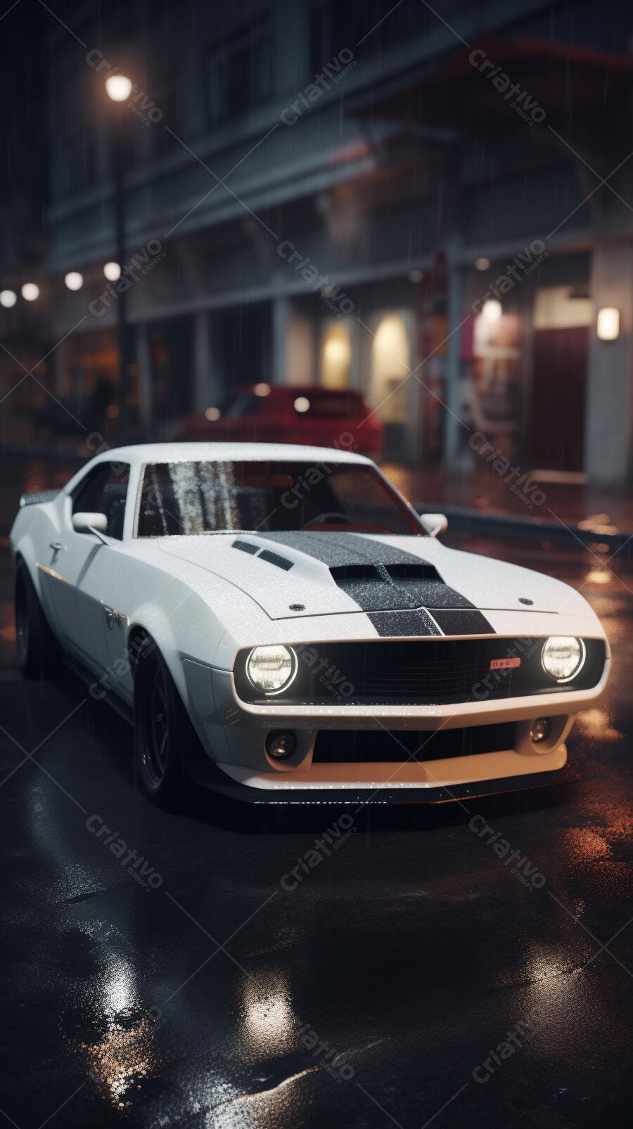 Muscle Car Branco na Chuva Noturna