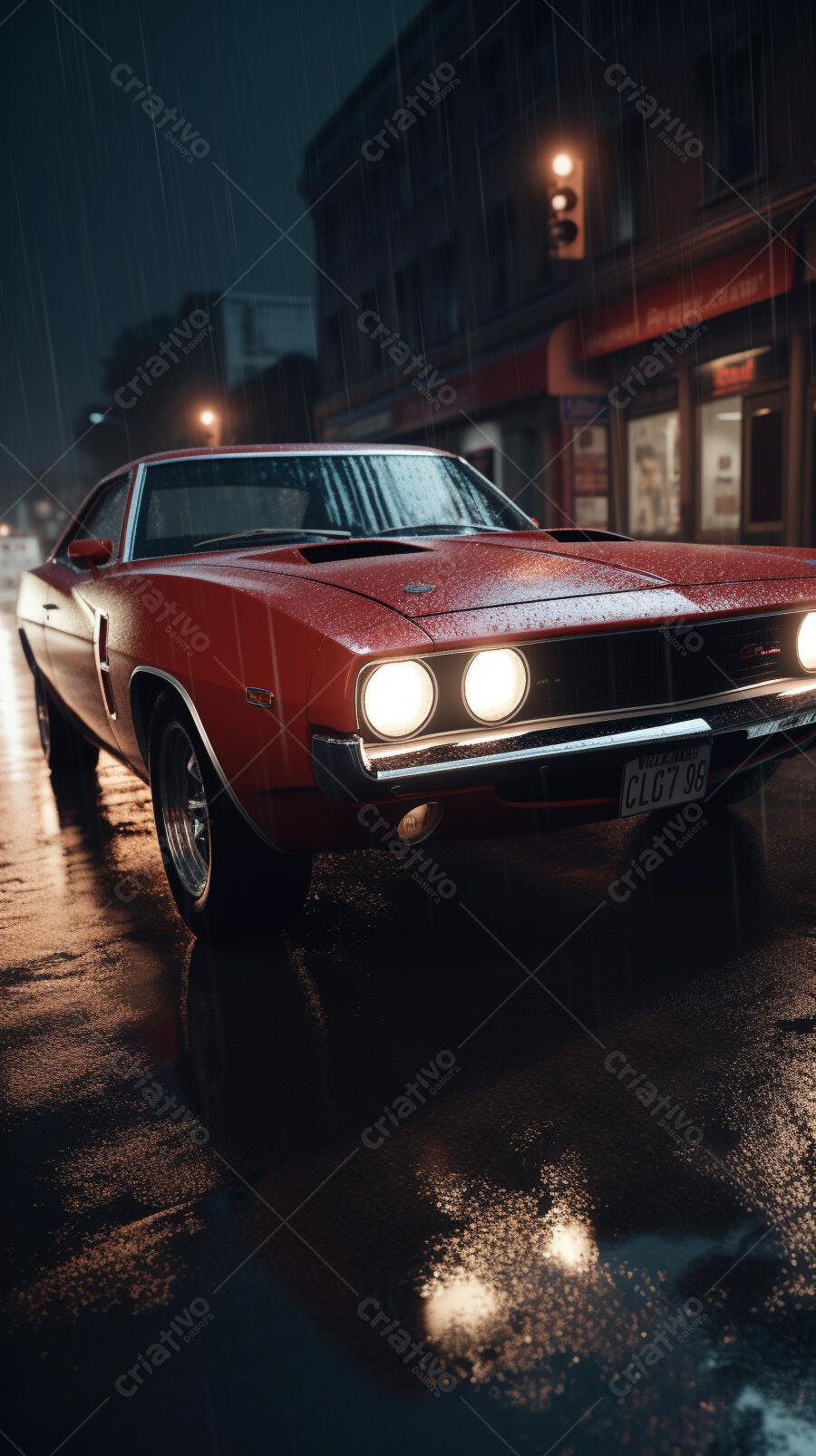 Muscle Car Vermelho na Chuva Noturna