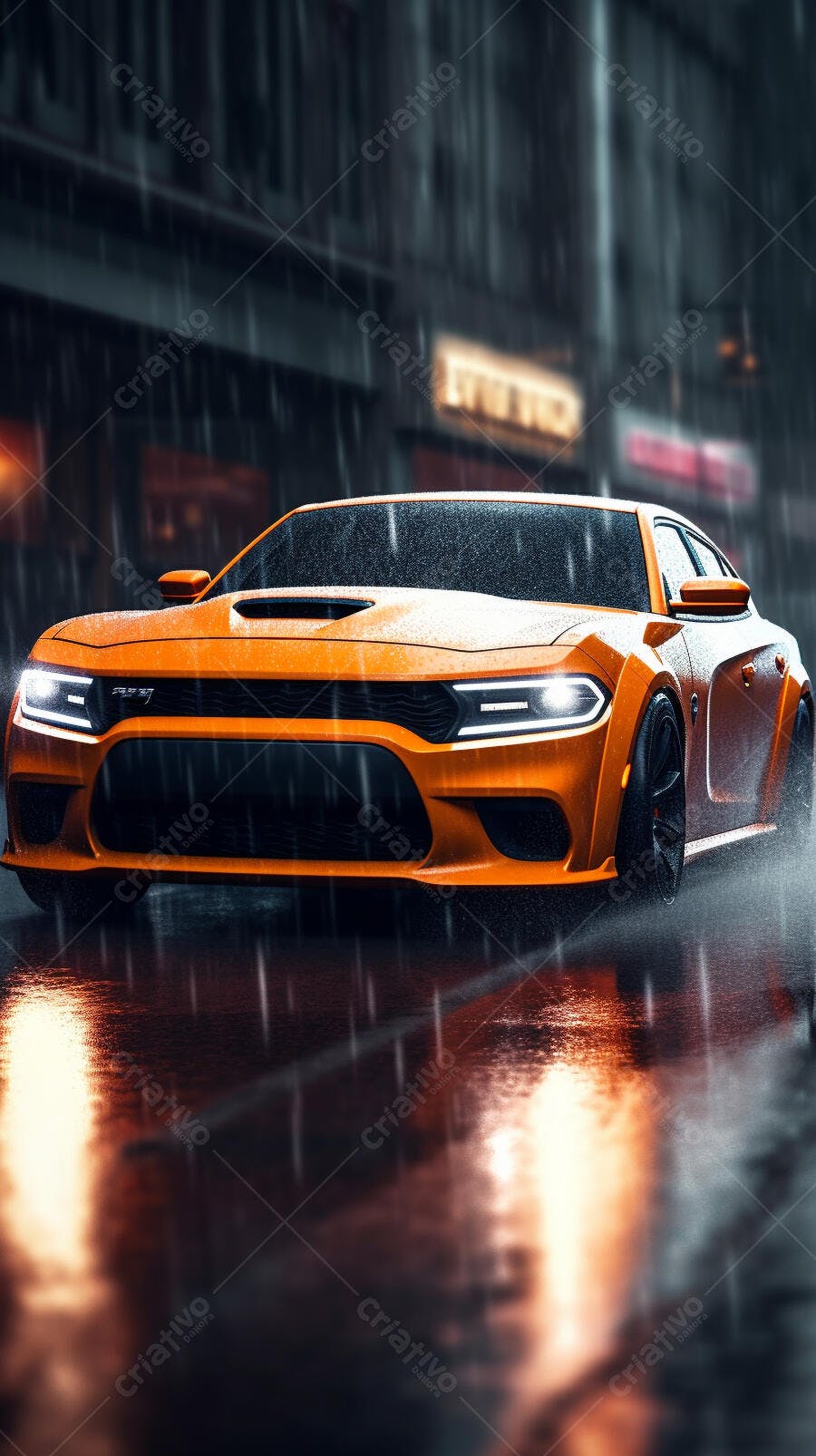 Dodge Charger Laranja na Chuva Noturna