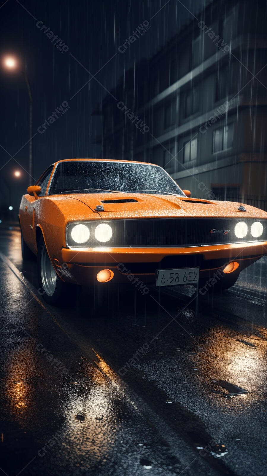 Muscle Car Laranja na Chuva Noturna