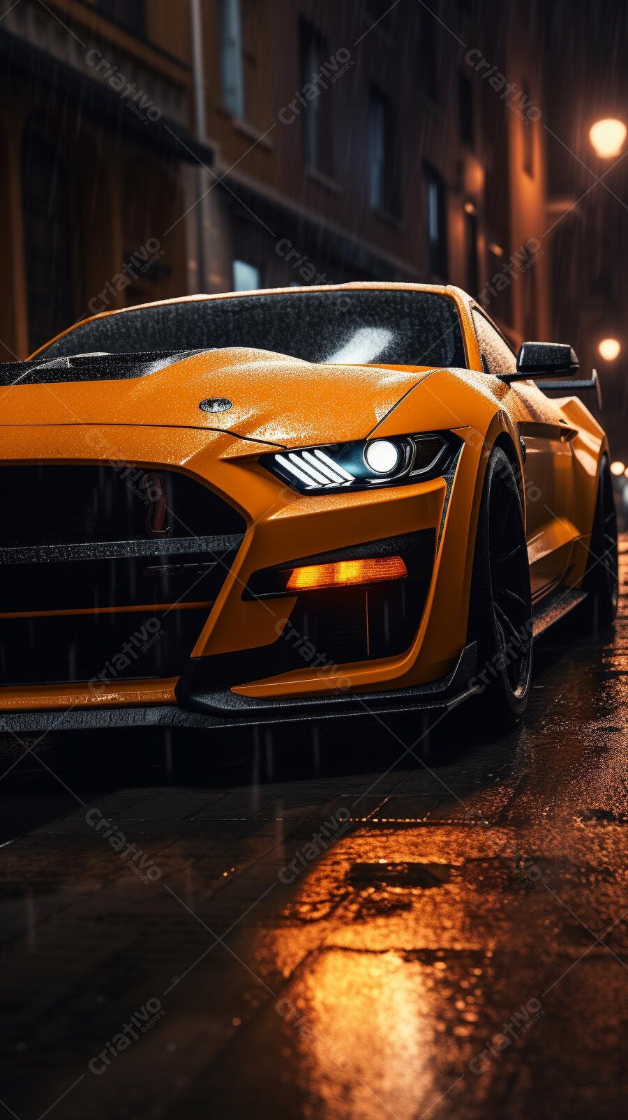 Mustang amarelo sob chuva noturna