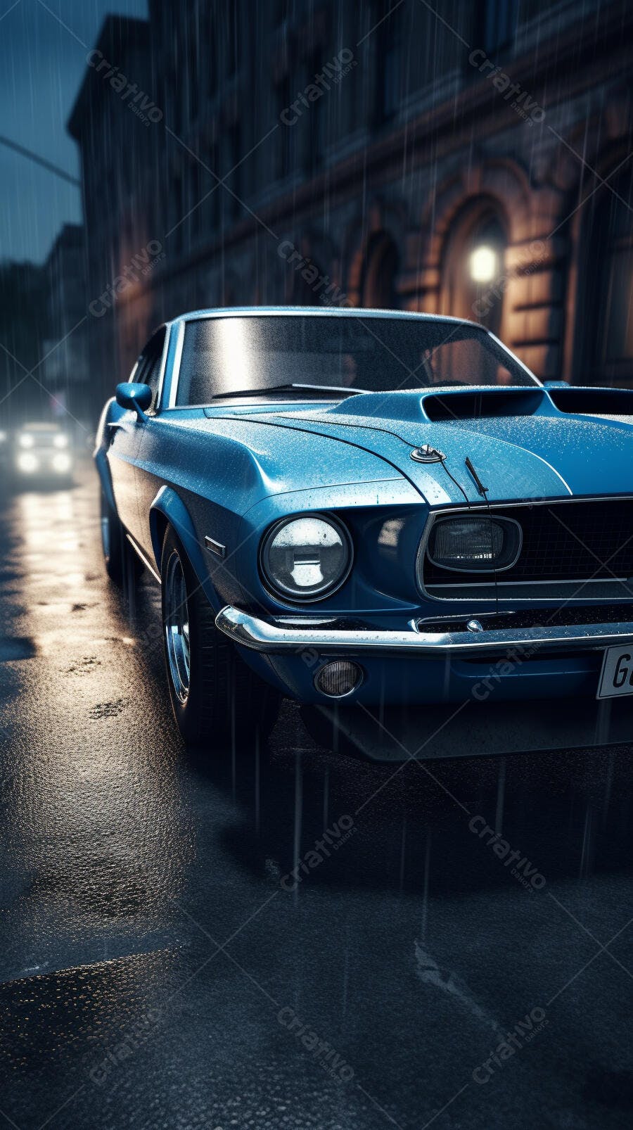 Mustang azul na chuva noturna