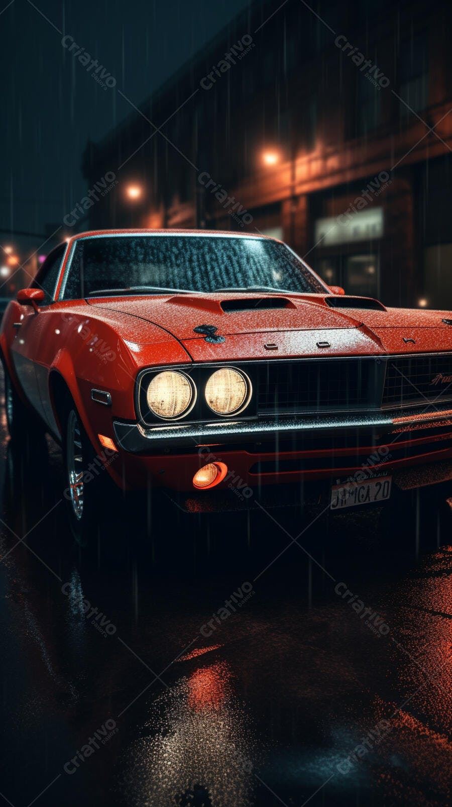 Muscle Car Vermelho na Chuva Noite
