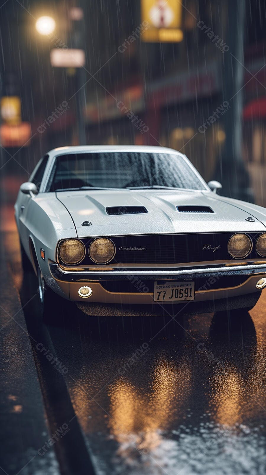 Muscle Car Clássico na Chuva Noturna