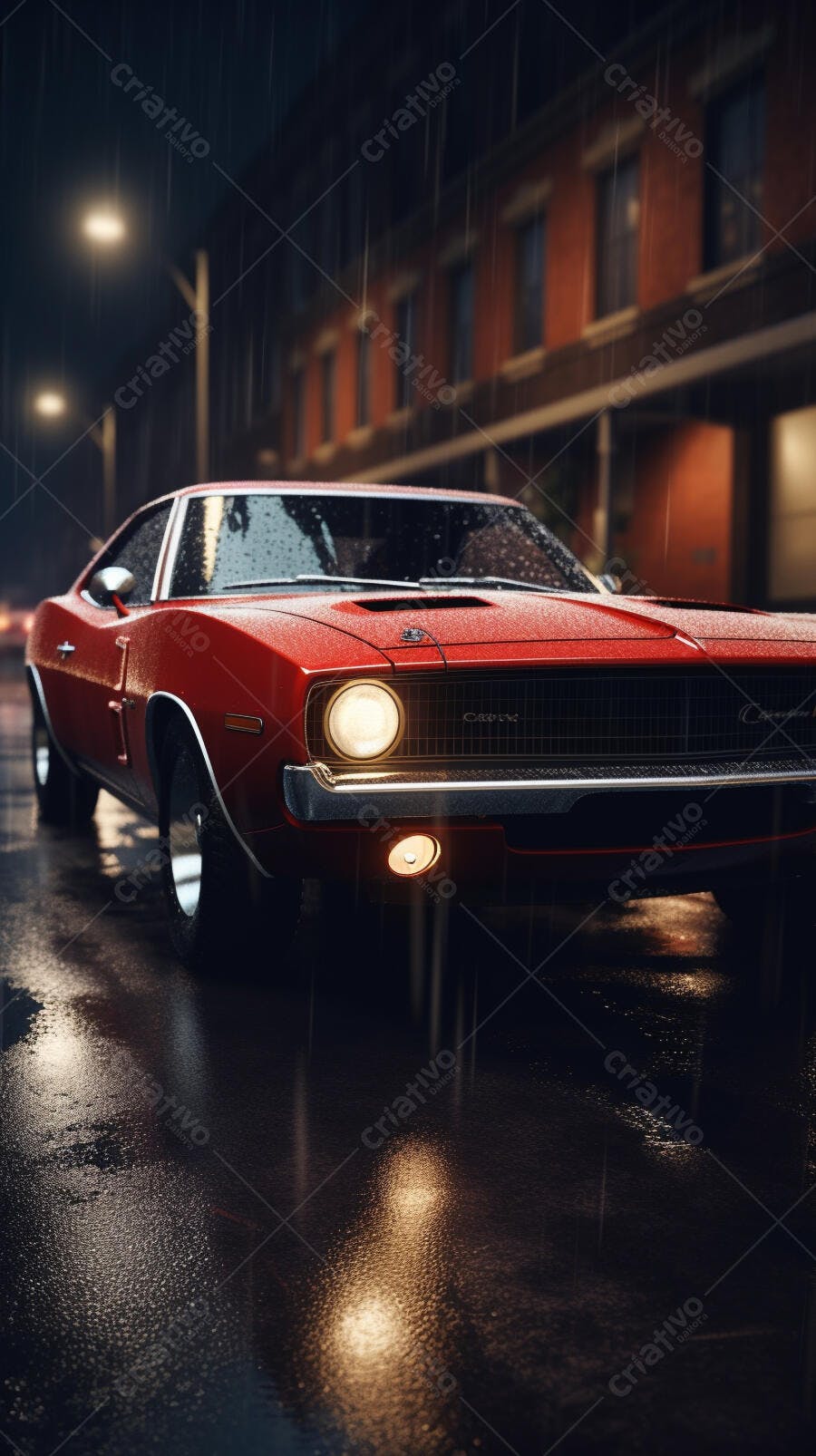 Muscle Car Vermelho na Chuva à Noite