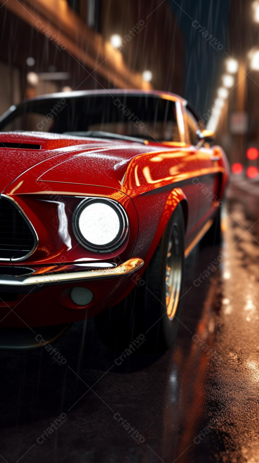 Mustang vermelho na chuva noturna