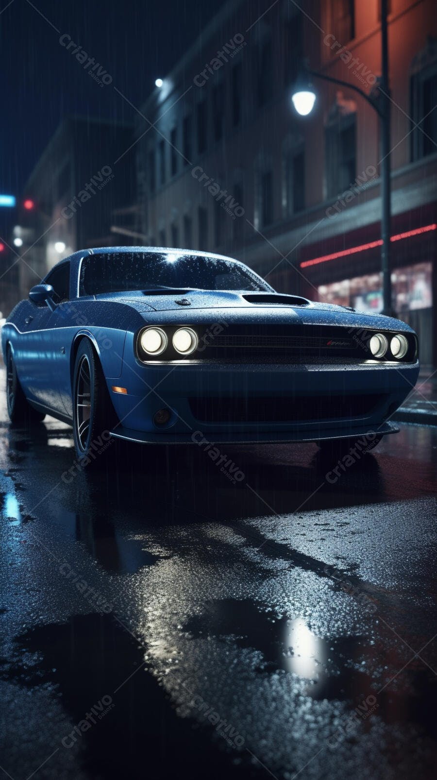 Muscle Car Azul Chuva Noturna