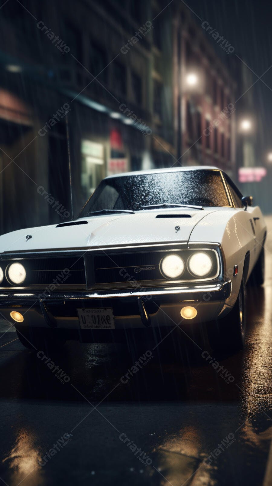 Dodge Charger branco em noite chuvosa