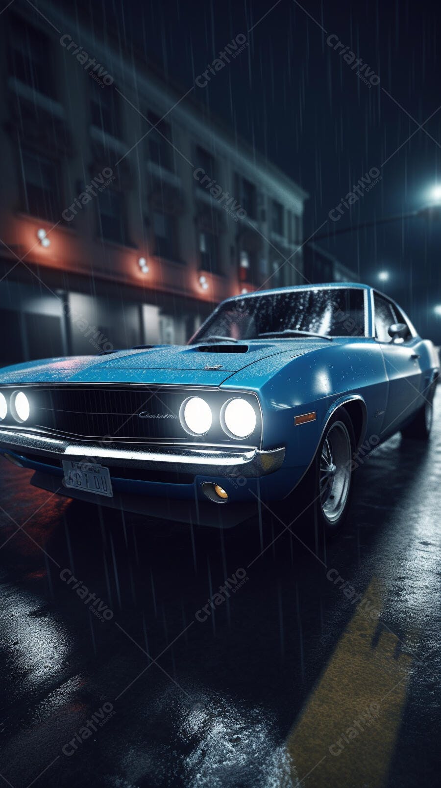 Muscle Car Azul Chuva Noite