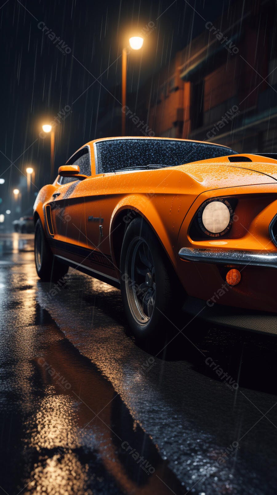 Mustang laranja na chuva noturna
