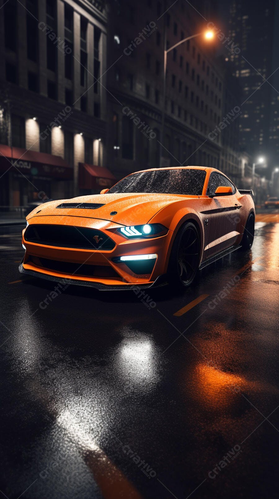 Mustang Laranja Chuva Noturna Cidade