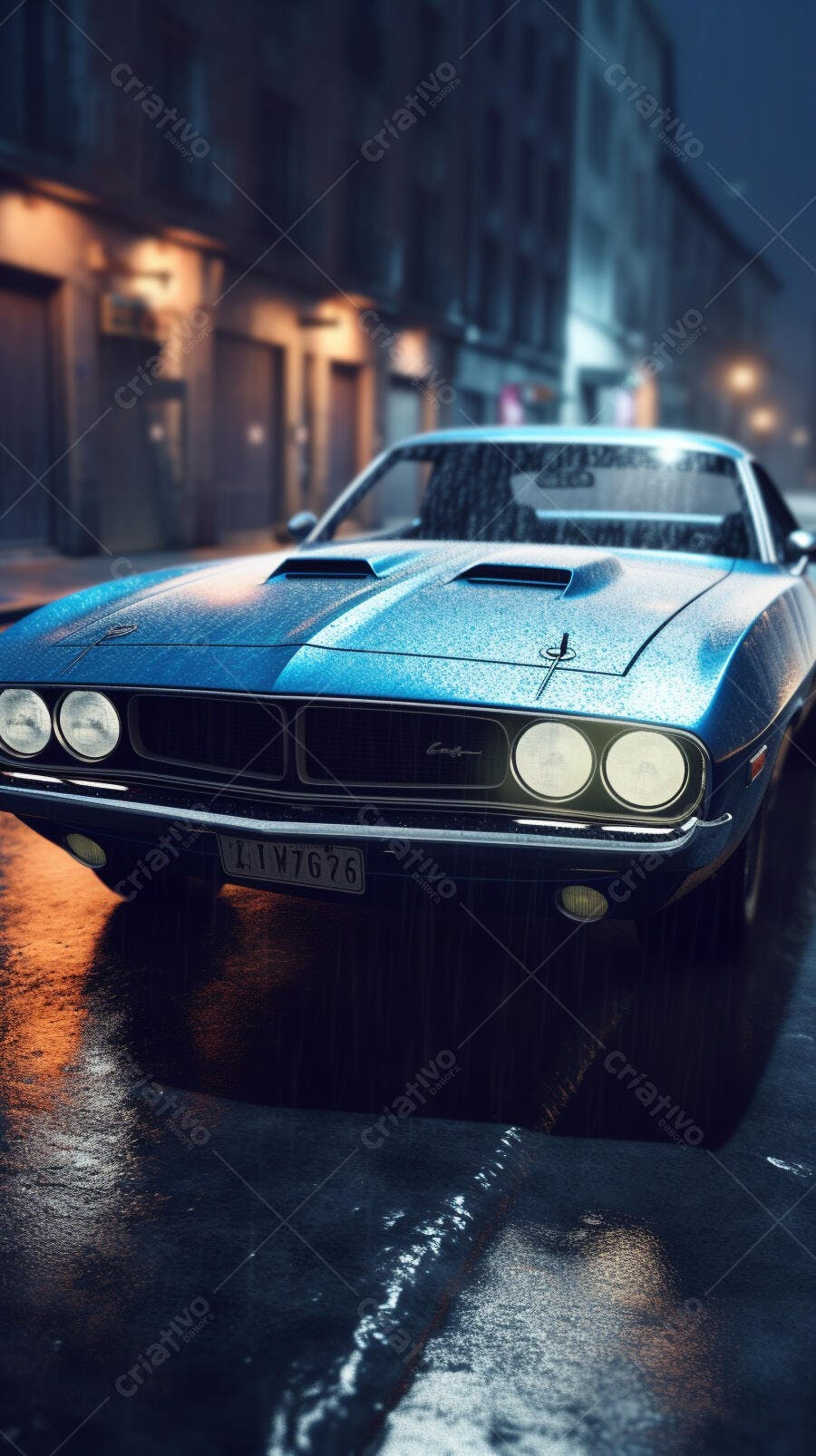 Muscle Car Azul na Chuva Noturna