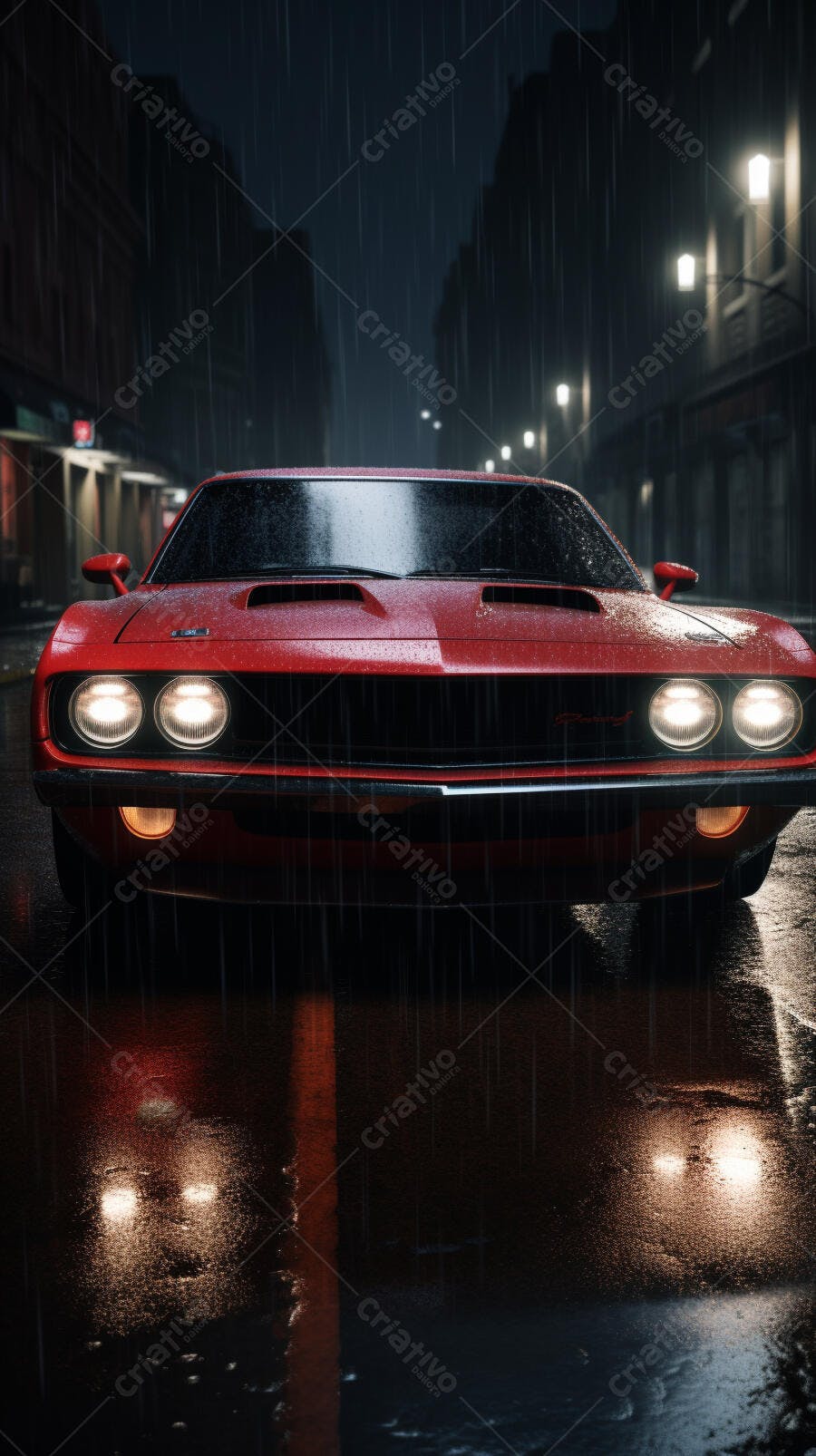Muscle Car Vermelho Chuva Noturna