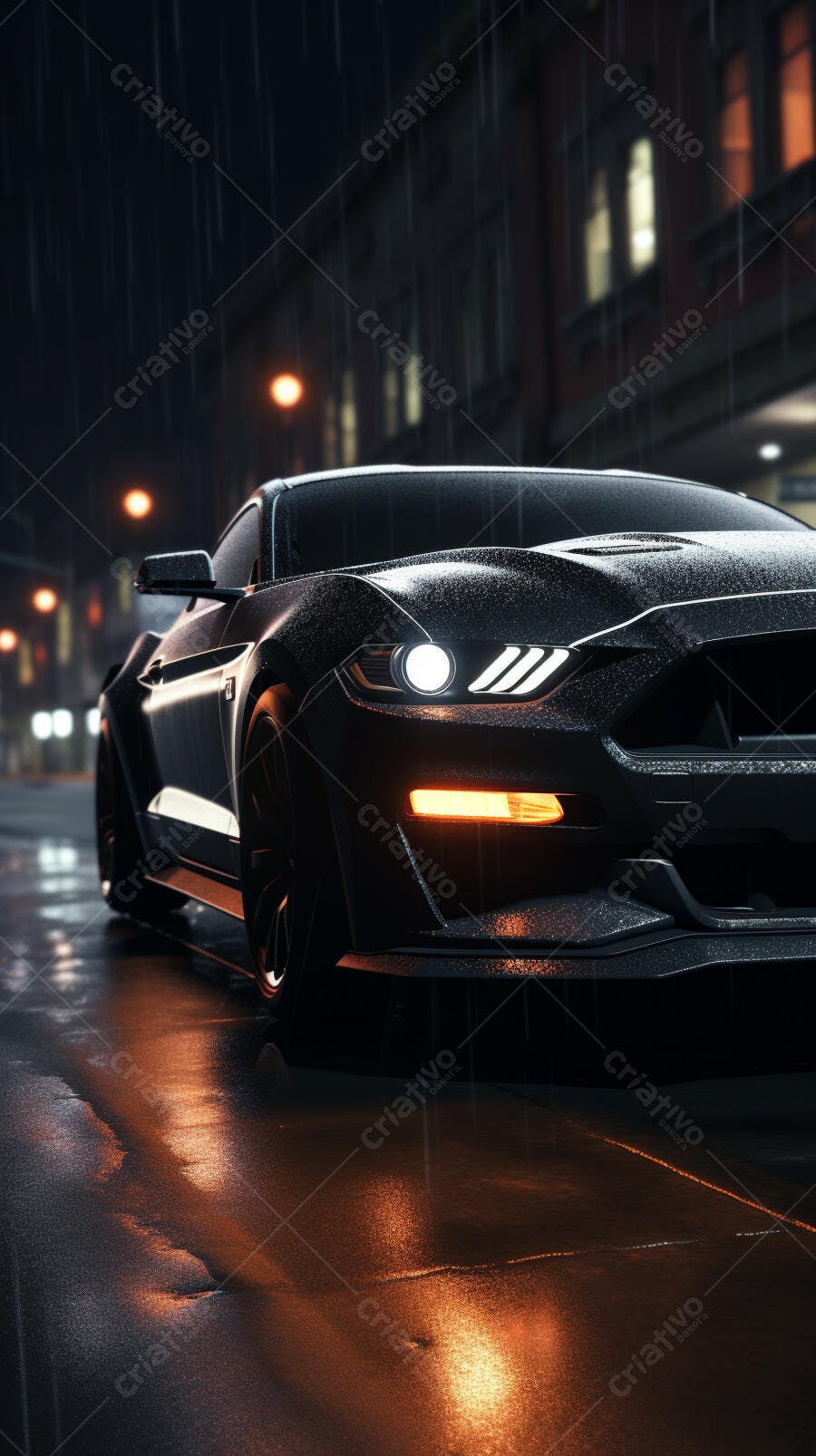 Mustang preto na chuva noturna