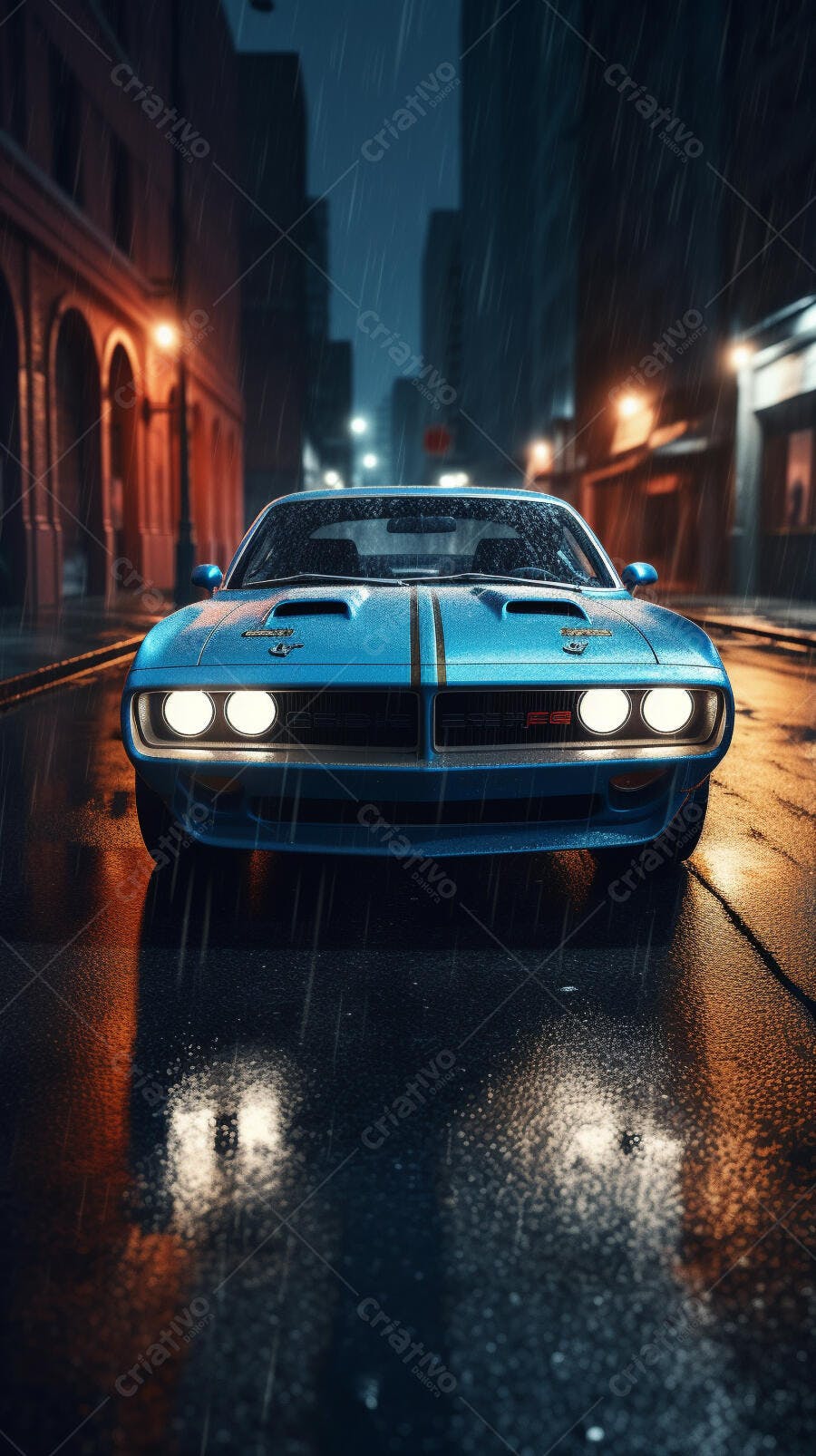 Muscle Car Azul na Chuva Noturna