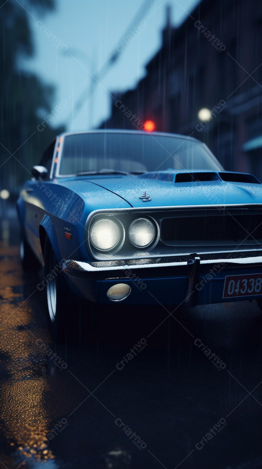 Muscle Car Azul Chuvoso Noite