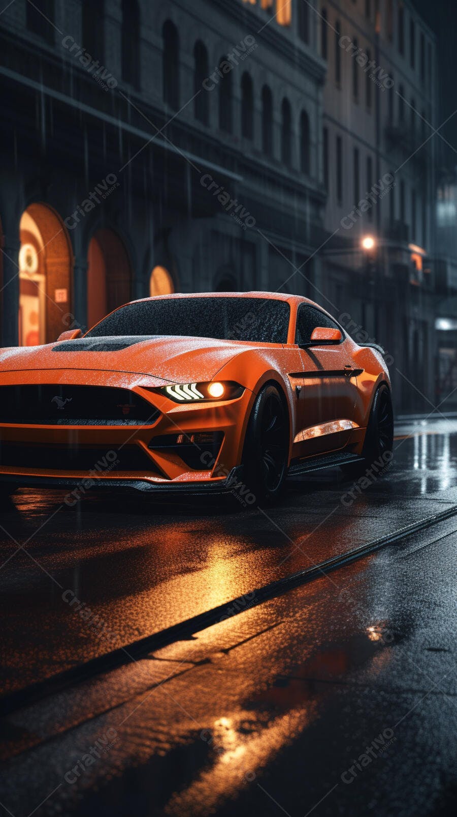 Mustang laranja na chuva noturna
