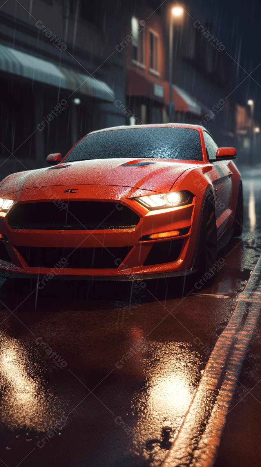 Mustang vermelho na chuva noite