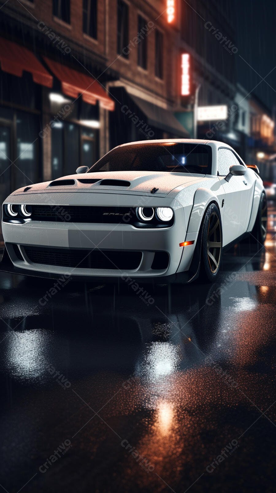 Dodge Challenger branco na chuva à noite
