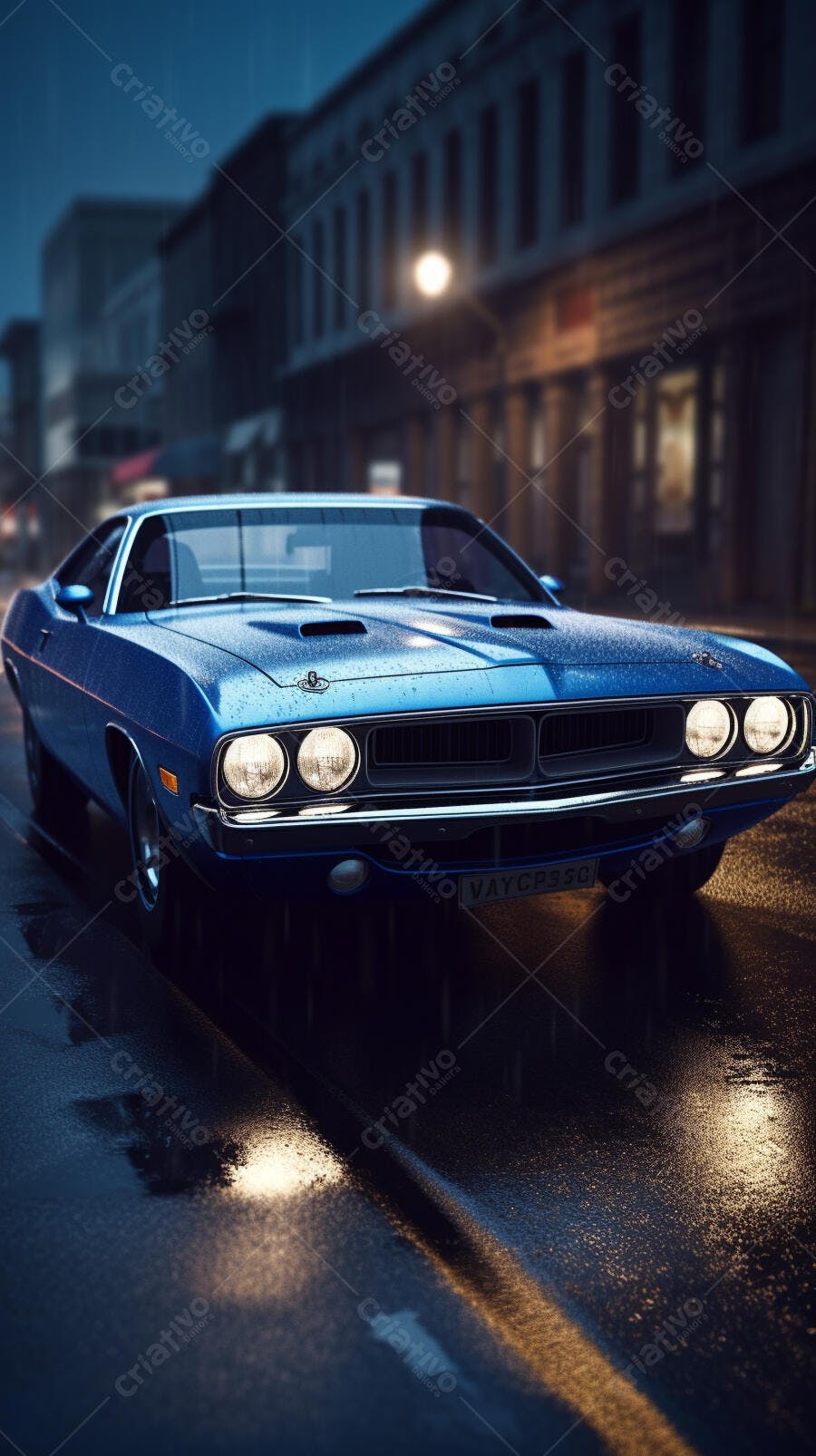 Muscle Car Azul Chuvoso Noite