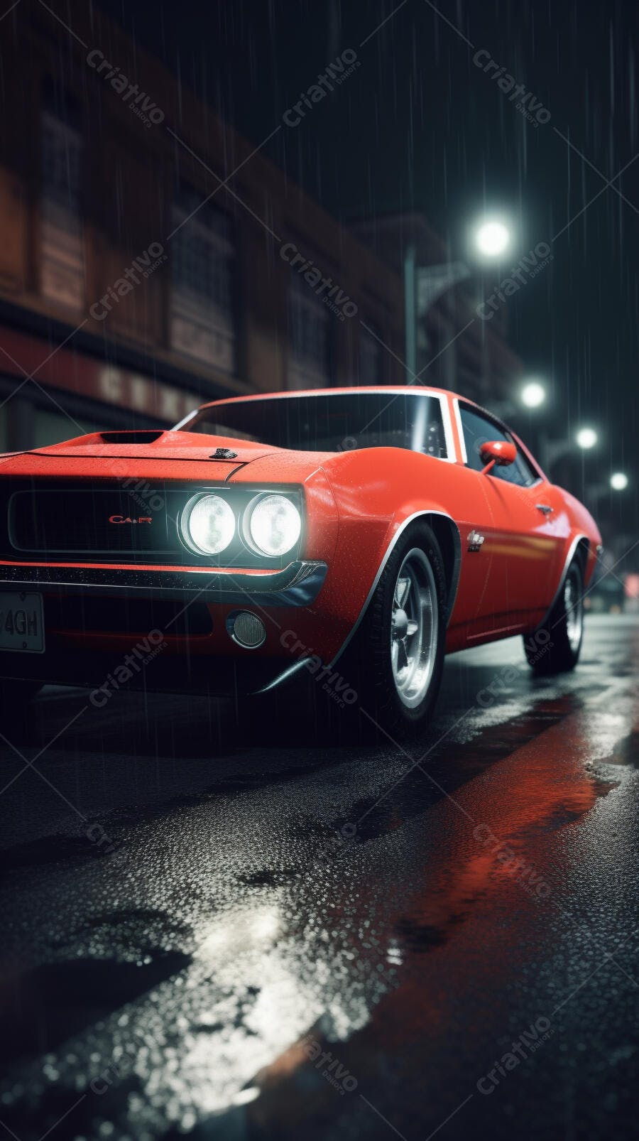 Muscle Car Vermelho Chuva Noturna