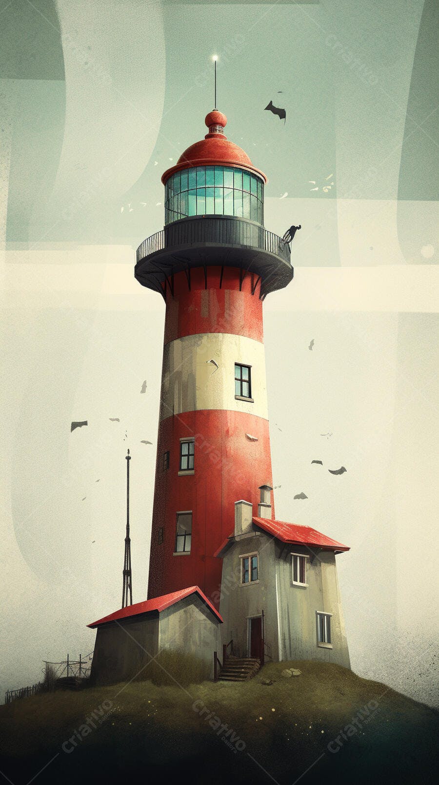 Farol vermelho e branco em paisagem litorânea