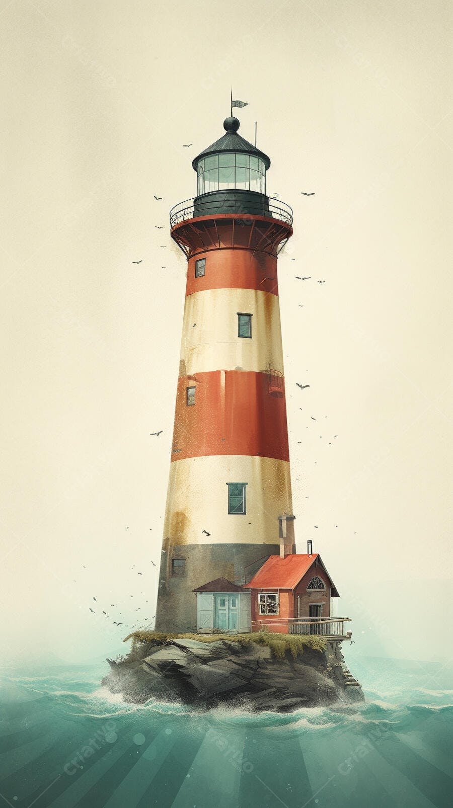 Farol vermelho e branco em ilha rochosa