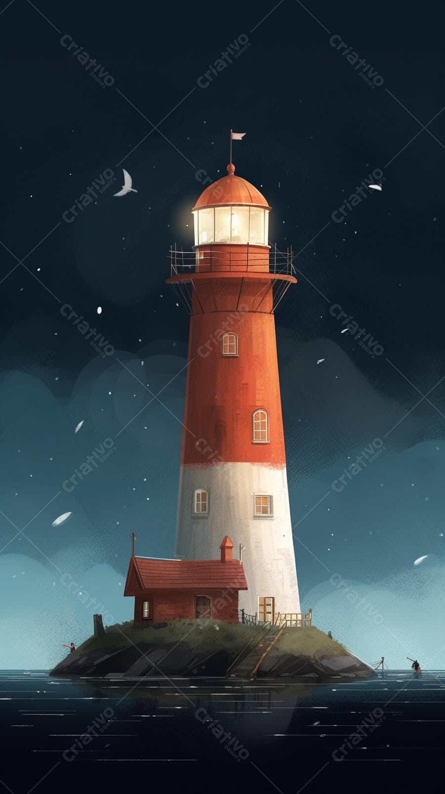 Farol vermelho e branco em ilha noturna
