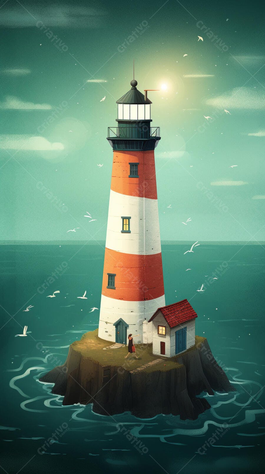 Farol na ilha com mulher e casa