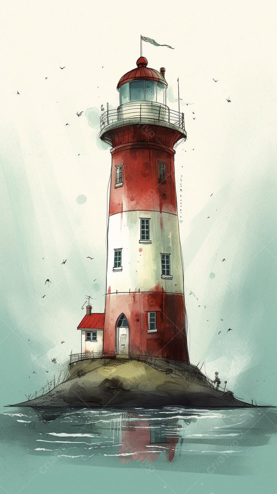 Farol vermelho e branco em ilha rochosa