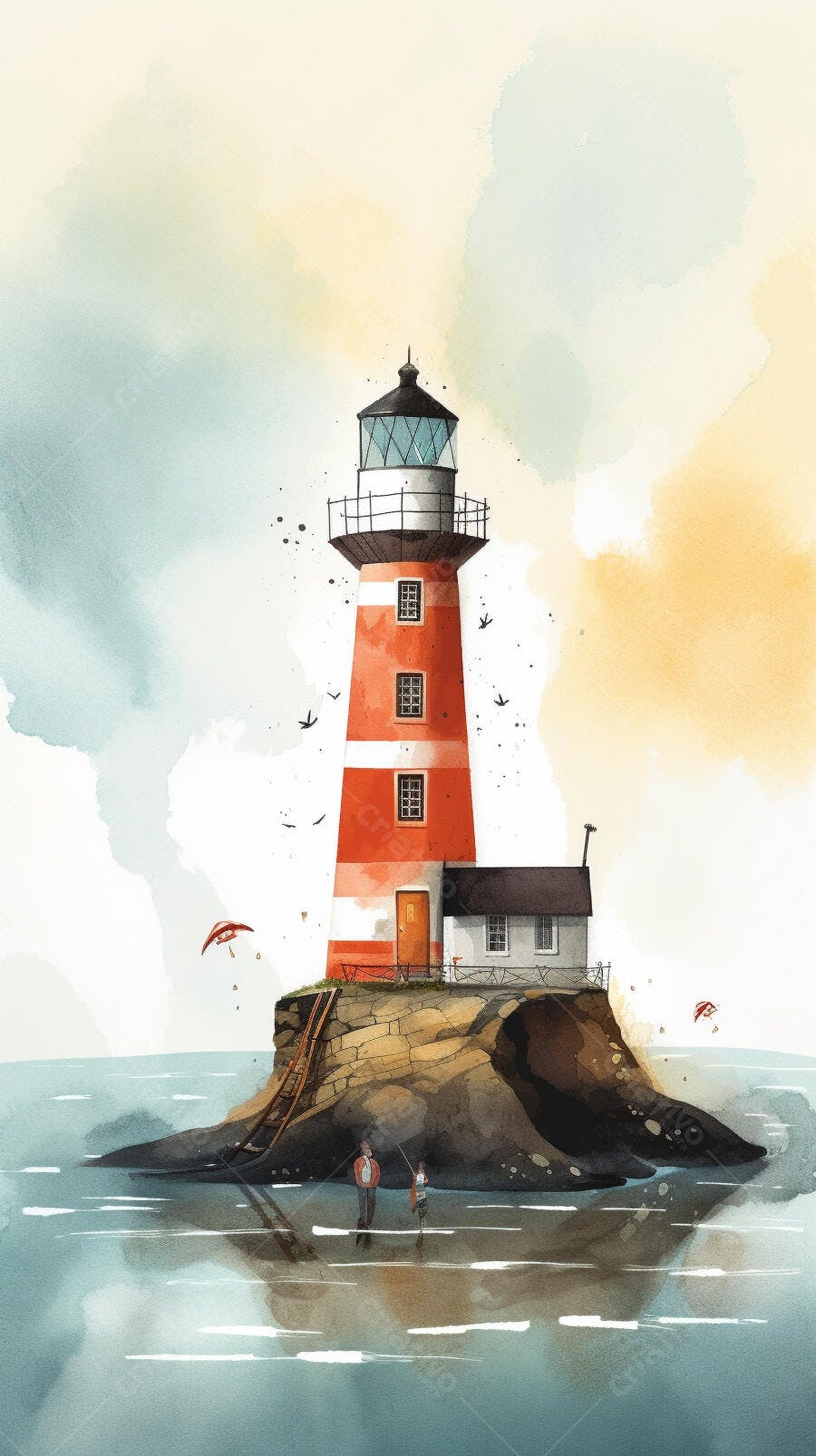 Farol vermelho e branco em ilha rochosa