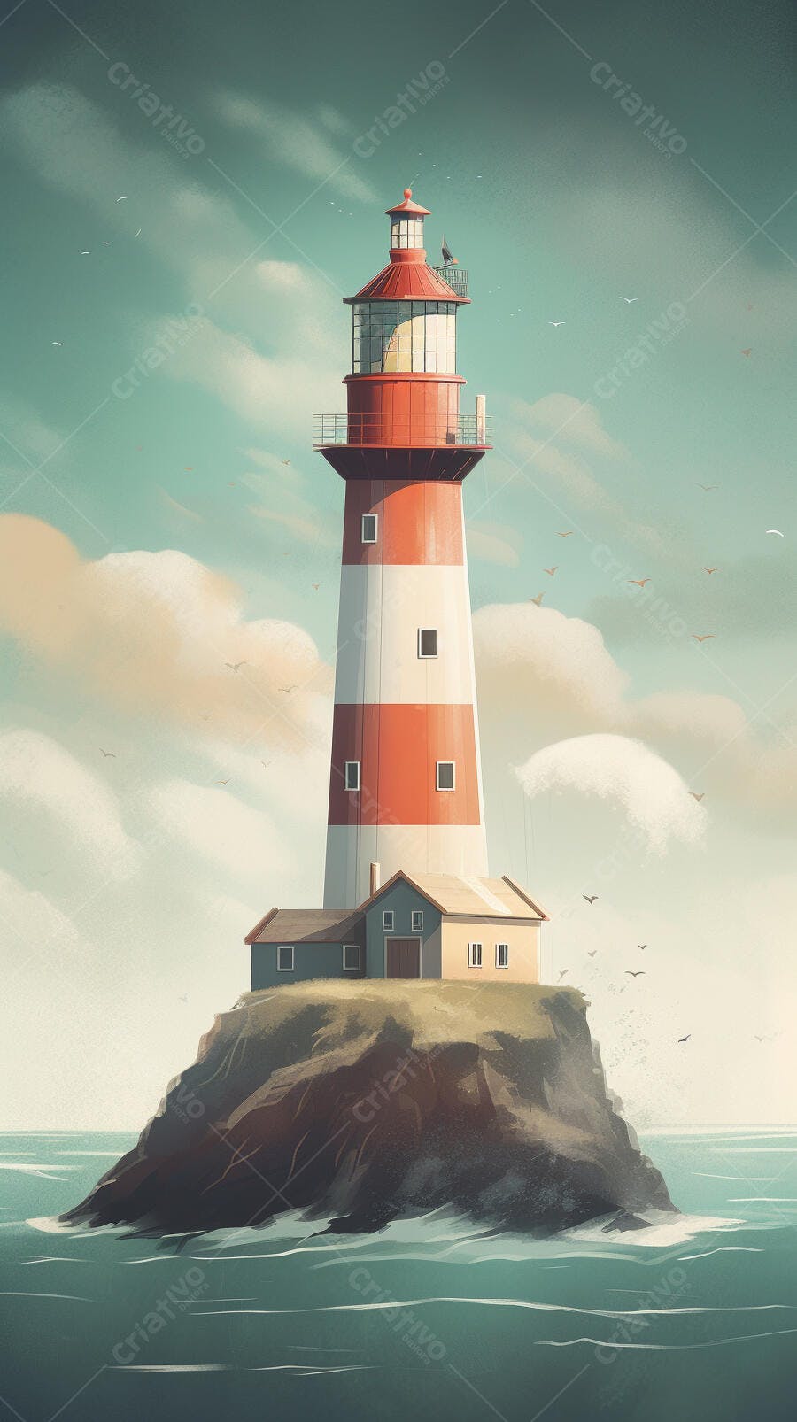 Farol vermelho e branco em ilha rochosa