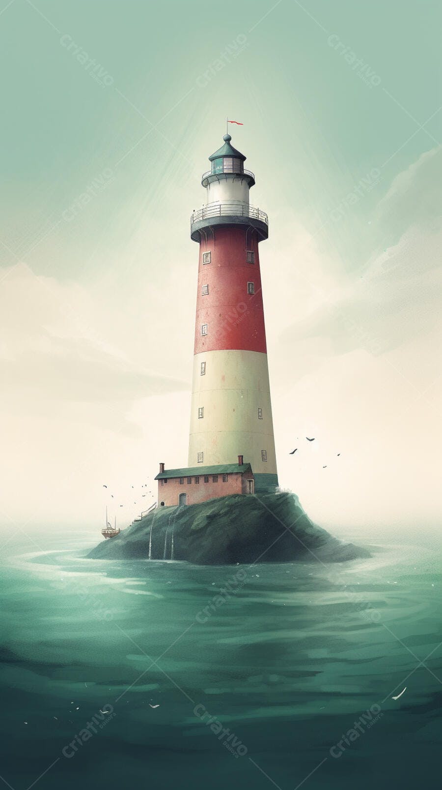 Farol vermelho e branco em ilha rochosa