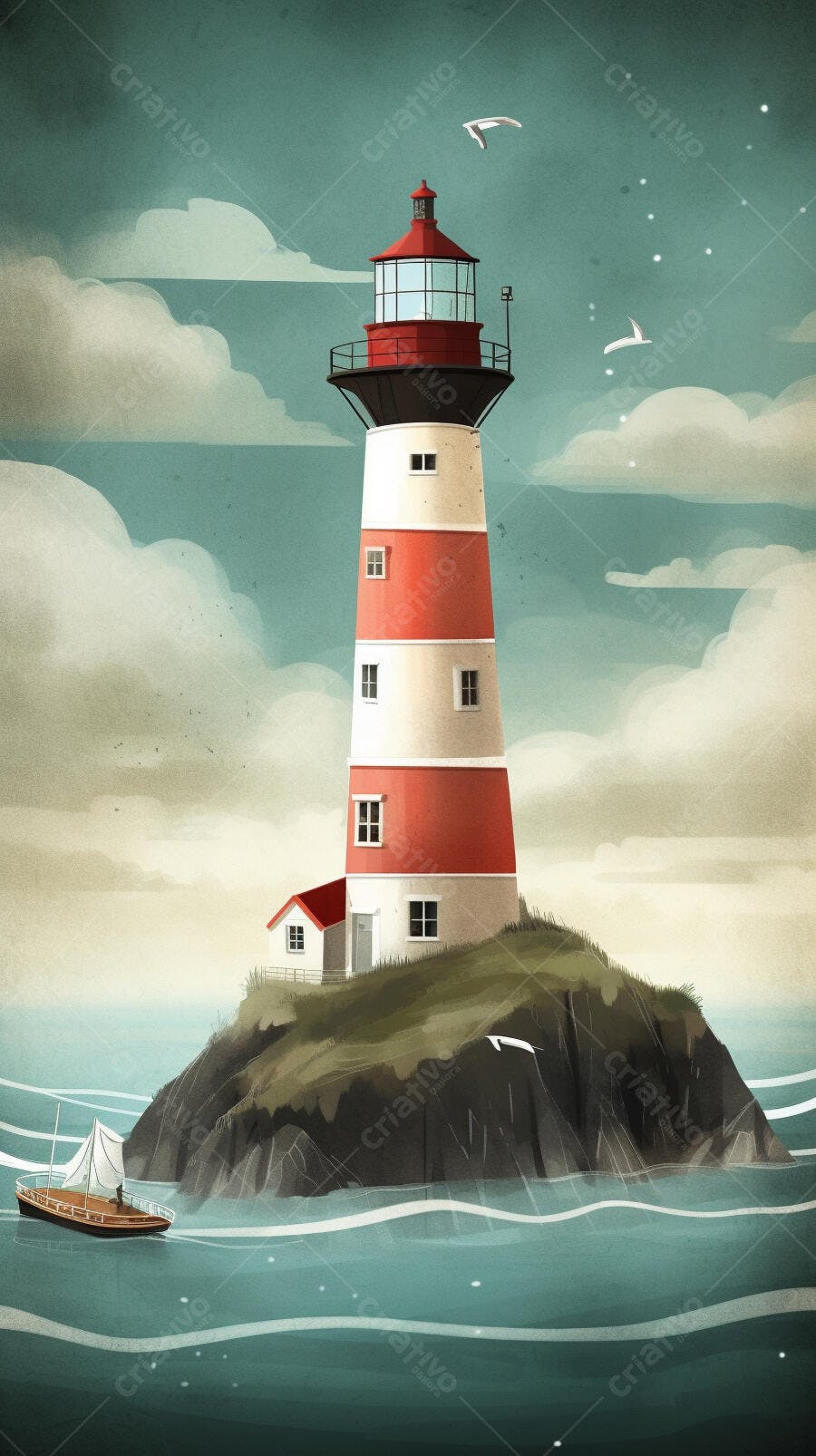 Farol vermelho e branco em ilha rochosa