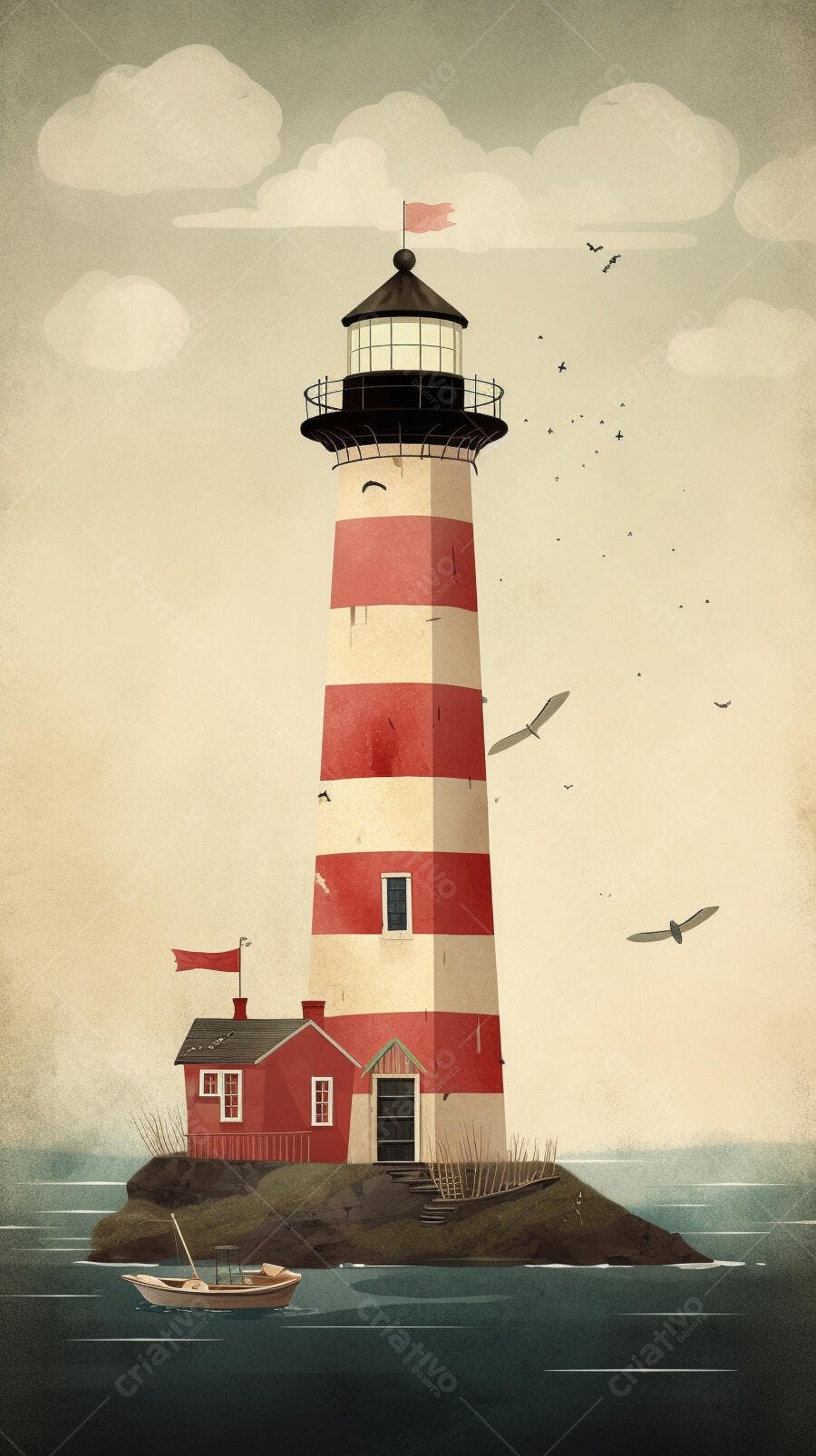 Farol listrado vermelho e branco em ilha rochosa