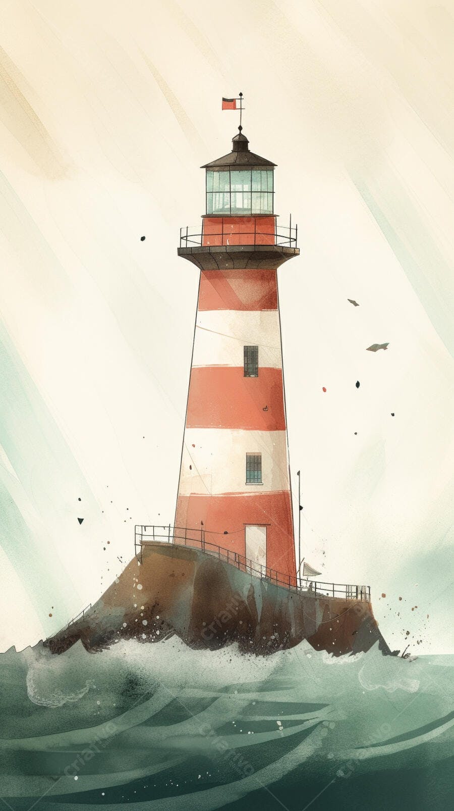 Farol vermelho e branco em mar agitado