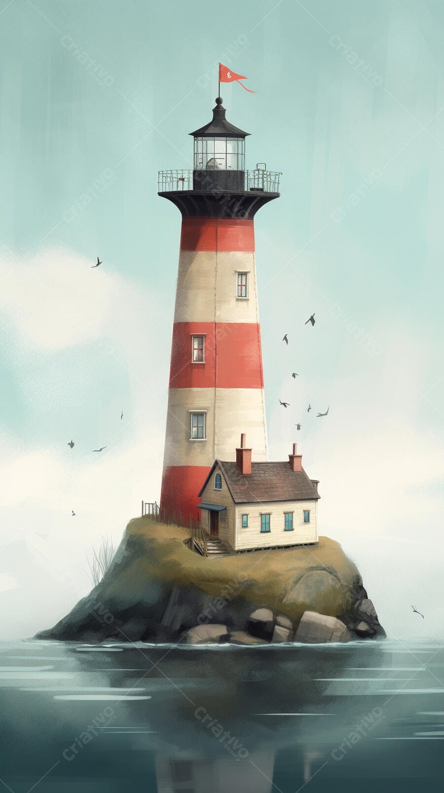 Farol vermelho e branco em ilha rochosa