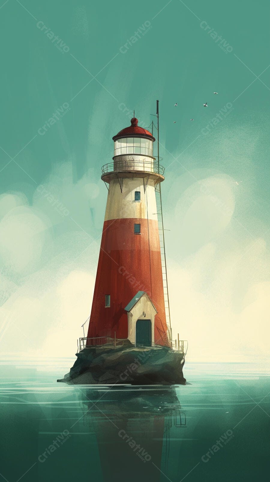 Farol vermelho e branco em rochedo no mar
