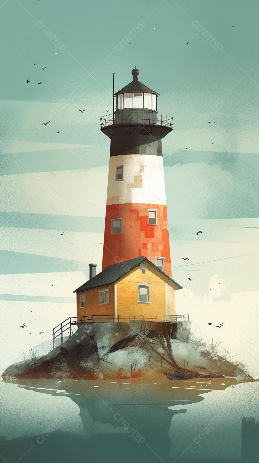 Farol e Casa na Ilha Cores Avermelhadas