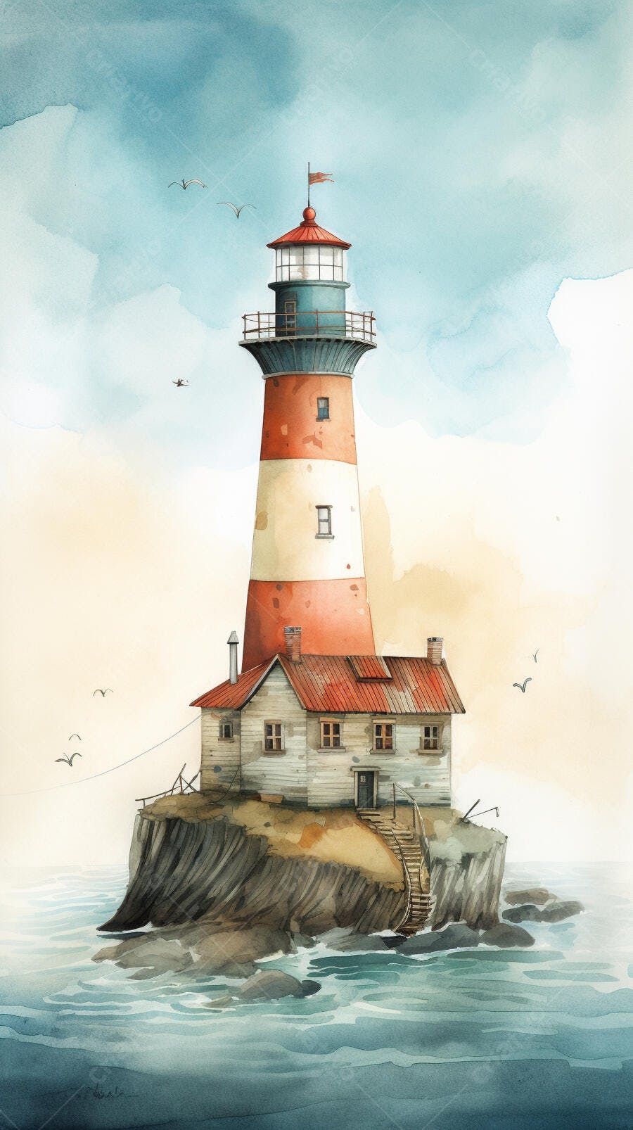 Farol litorâneo vermelho e branco em aquarela