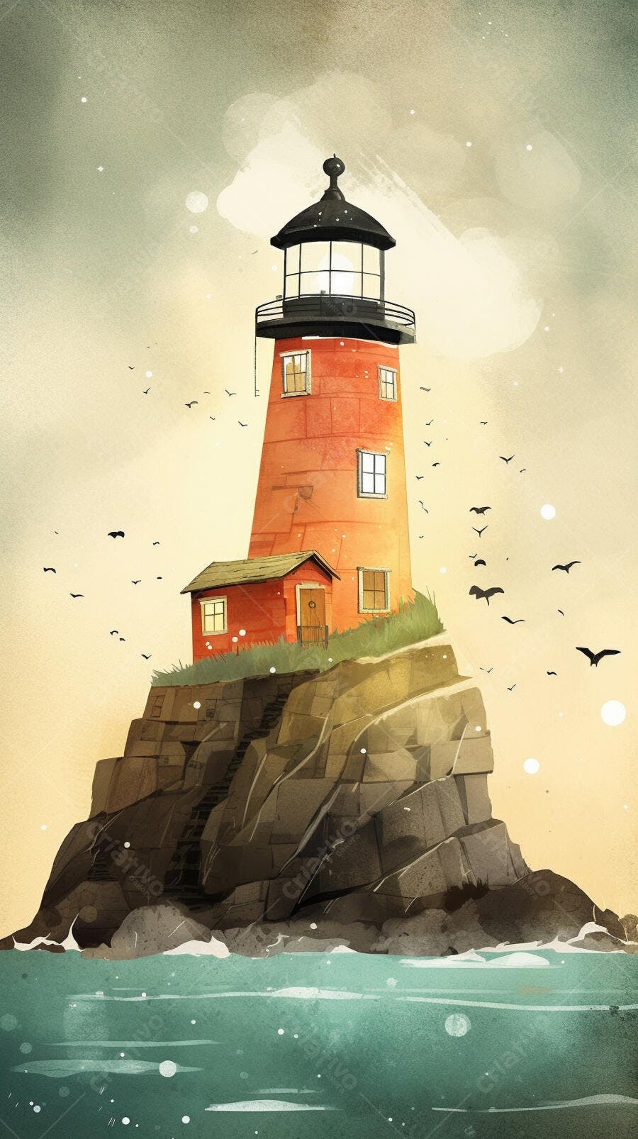 Farol vermelho em rochedo costeiro ao entardecer