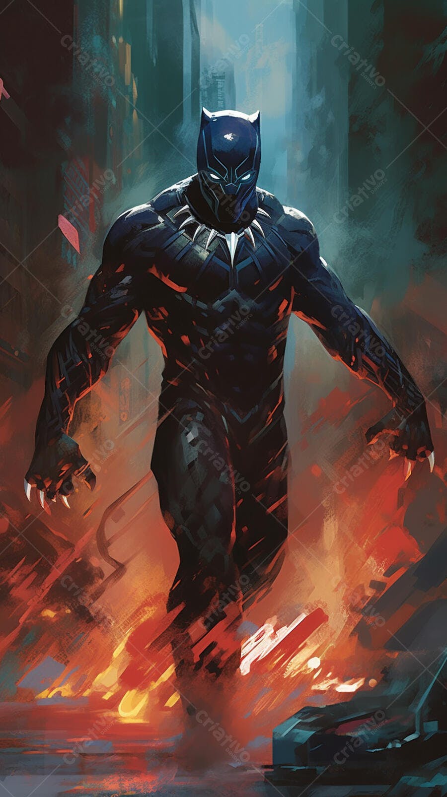 Pantera Negra em cenário urbano futurista