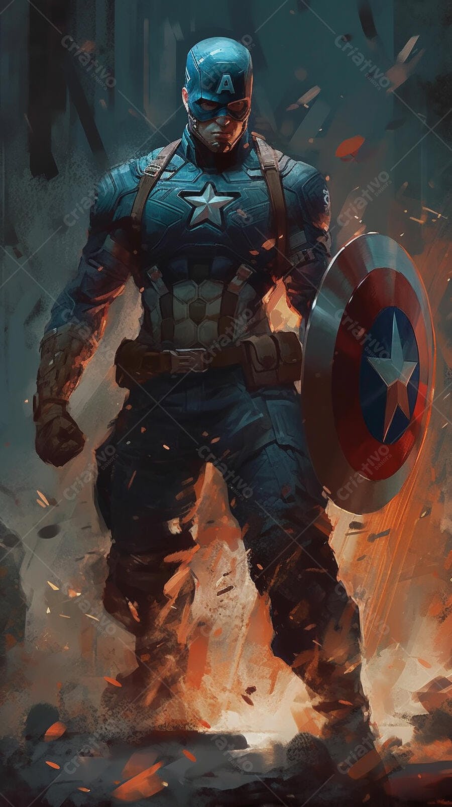 Capitão América em batalha fundo fogo
