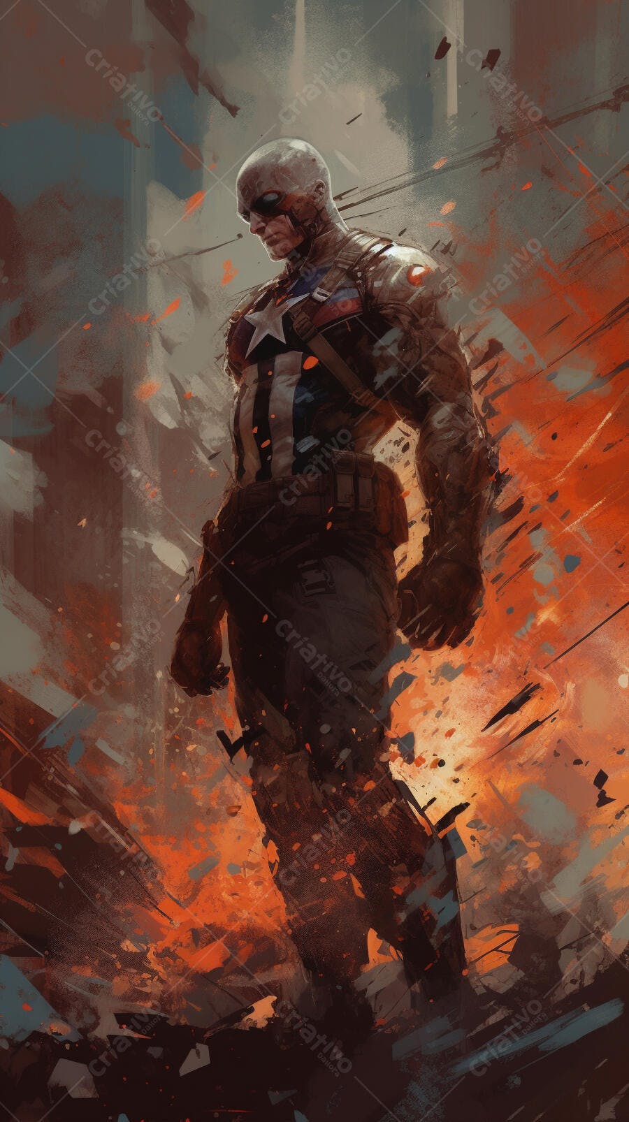 Capitão América em cenário de batalha