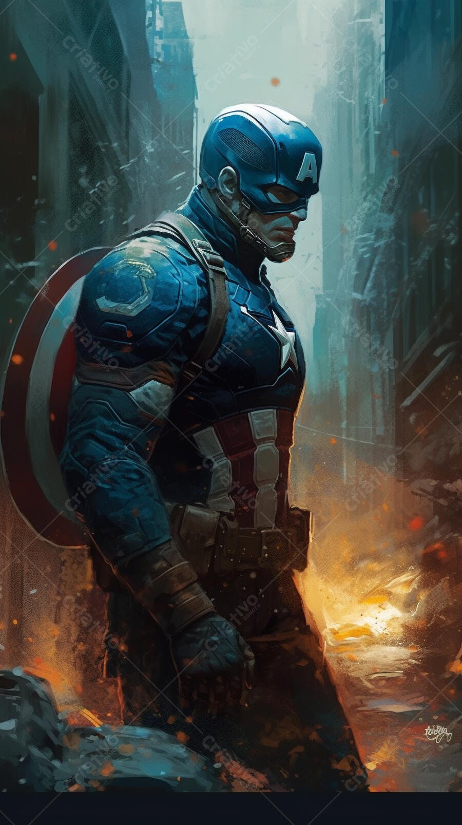 Capitão América em cenário de guerra
